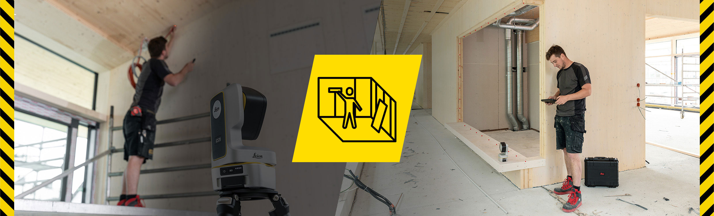 Logiciel Leica iCON trades pour l’agencement d’intérieur sur une tablette Leica iCON noire devant un chantier où l’on construit un toit isolé en bois.